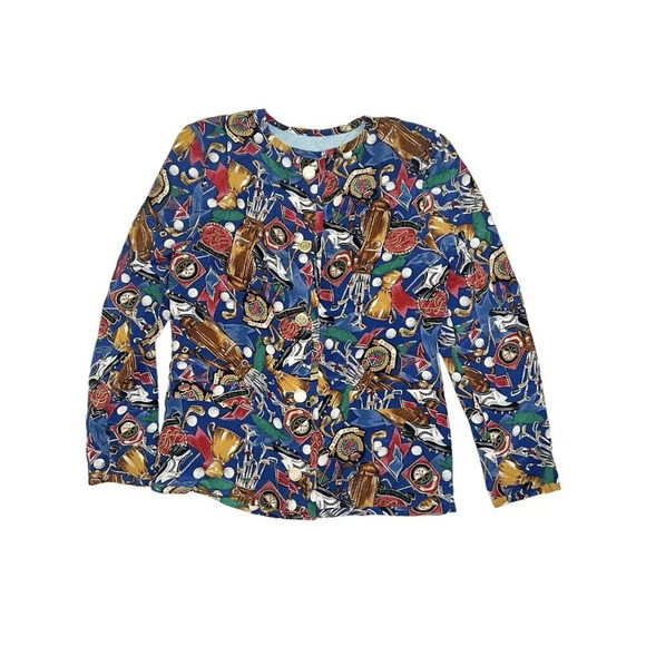 Vtg Women Golf All Over Print Top Topper Silky Elegant Button Front Country Club - Picture 7 of 11